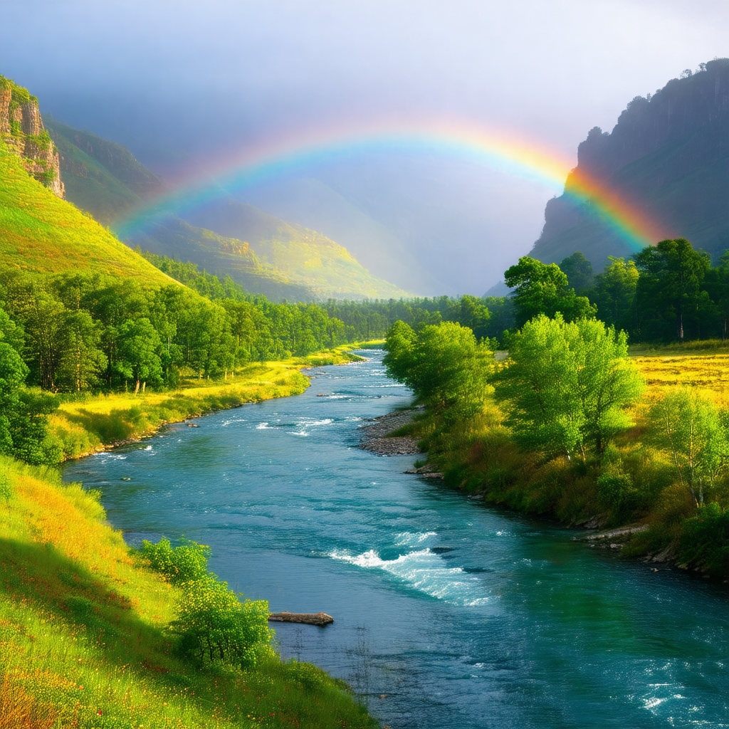 Beautiful scene of a river flowing through a valley, surr...