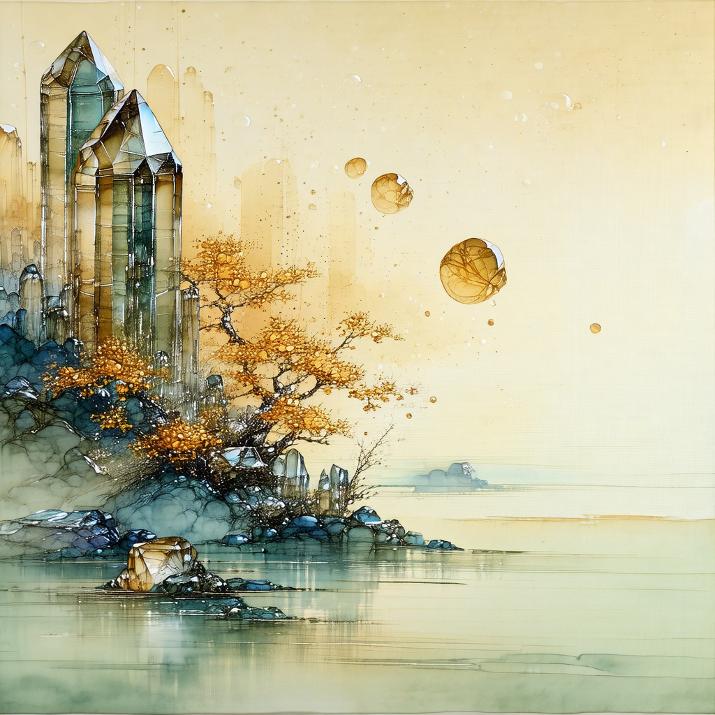 Beautiful landscape with a large, majestic crystal tower ...