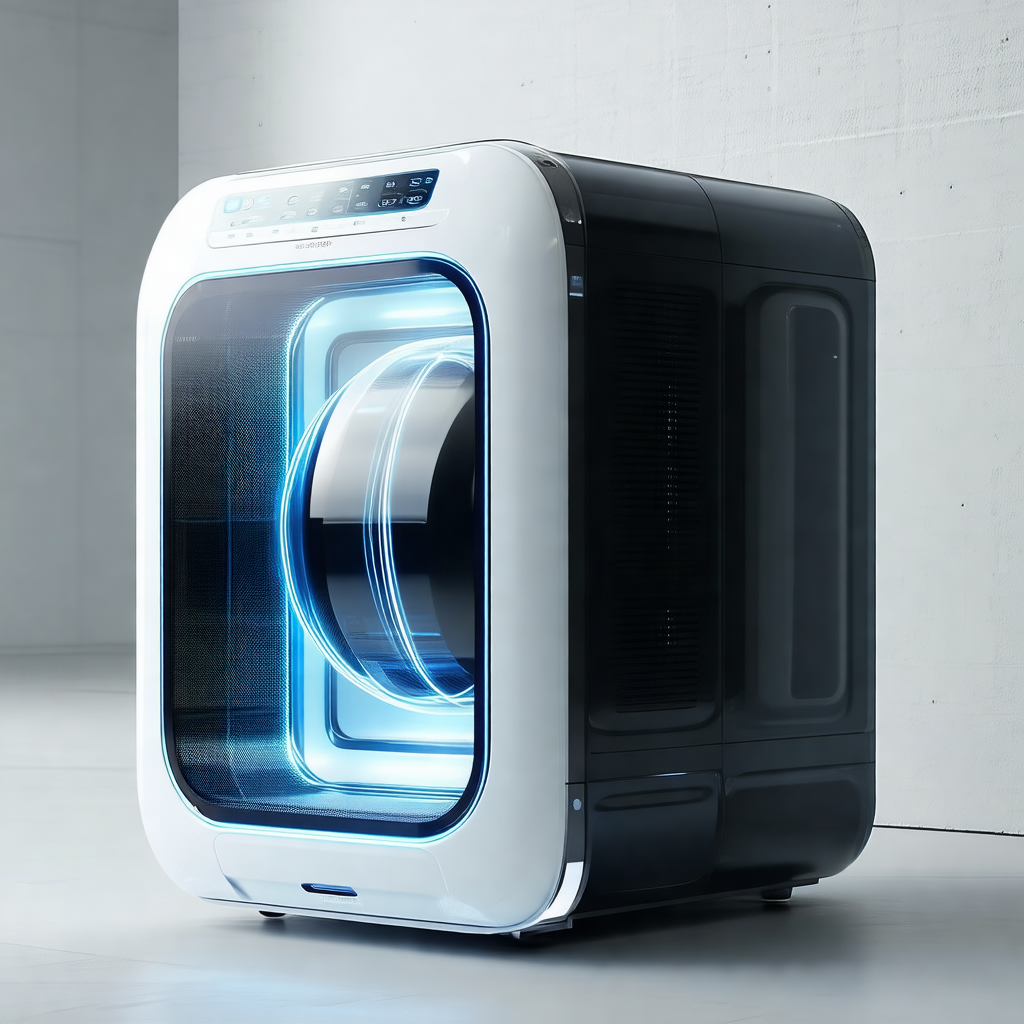 Large, white, and blue box-like structure with a glass front