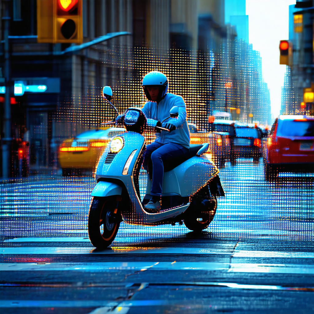 Captures a man riding a white scooter down a city street