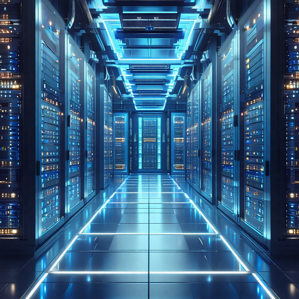 Large, blue-lit room filled with rows of computer servers