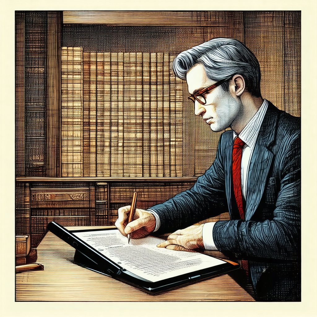 Black and white drawing of a man sitting at a desk, writi...
