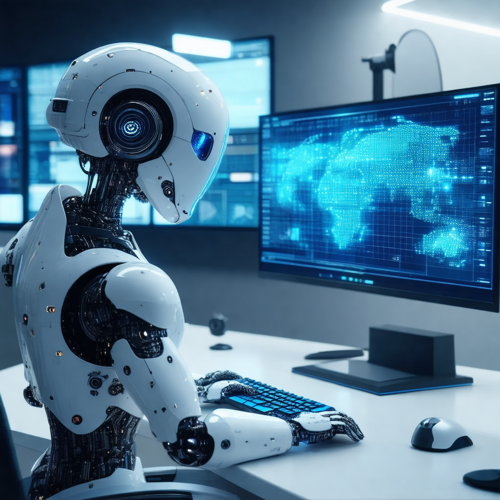 Robot sitting at a desk, working on a computer