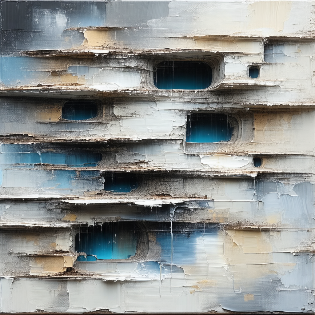 Painting of a white building with a blue door
