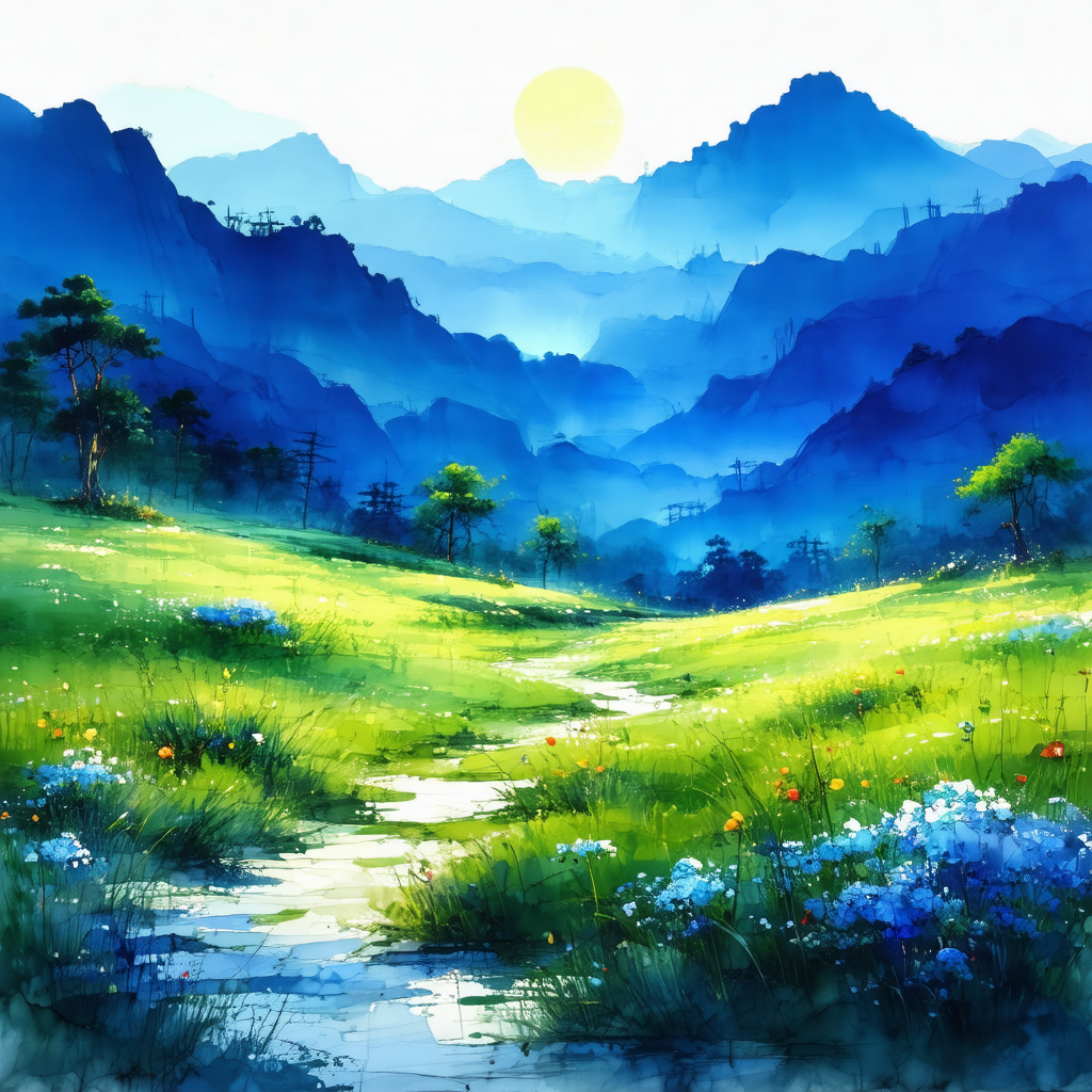 Beautiful painting of a lush green field with a pathway l...