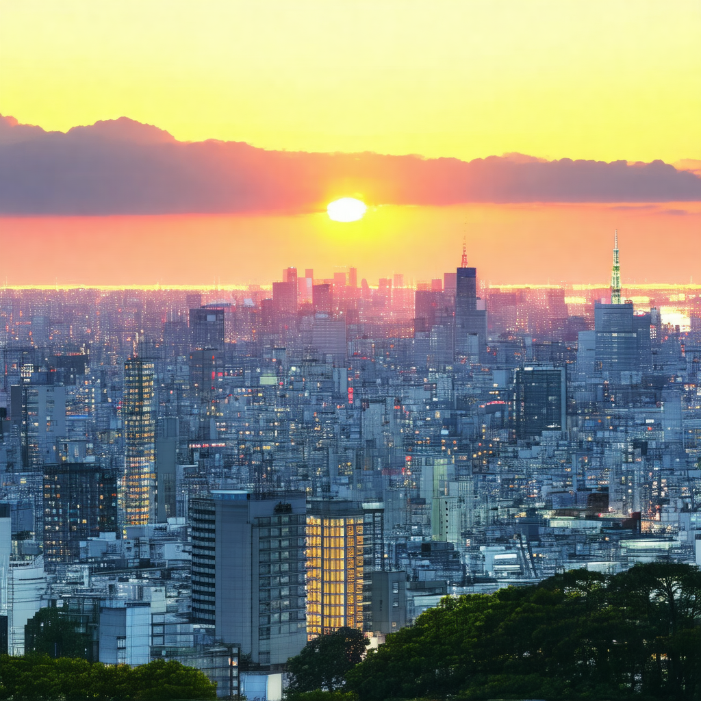 Captures a beautiful sunset over a large city