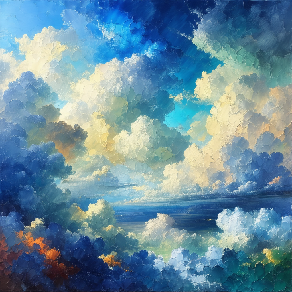 Painting of a cloudy sky with a blue hue
