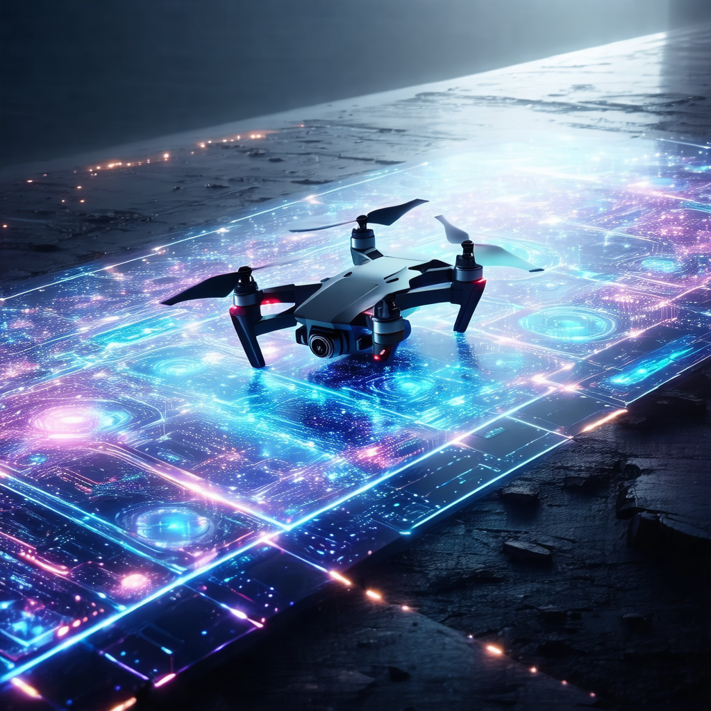 Small drone flying over a blue and purple lighted surface