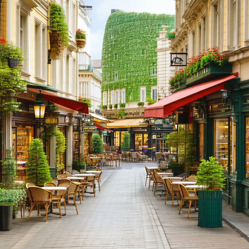 Narrow city street lined with numerous tables and chairs