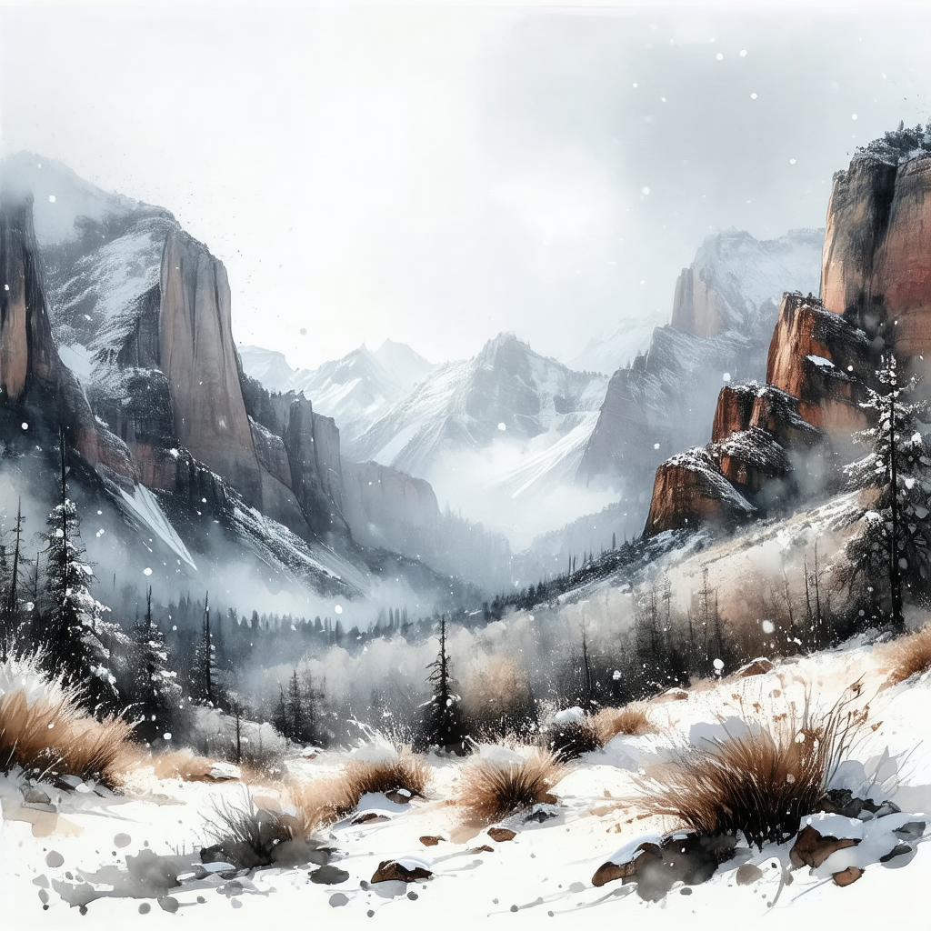 Snowy mountain landscape with a large mountain in the bac...