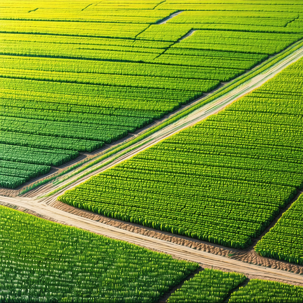 Large, lush green field with a dirt road running through it
