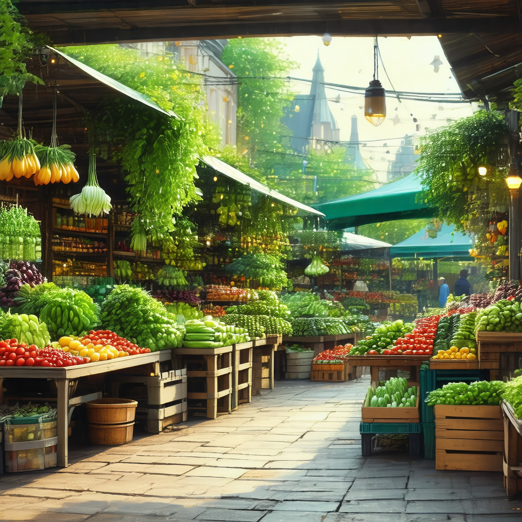 Painting of a marketplace with a variety of fruits and ve...