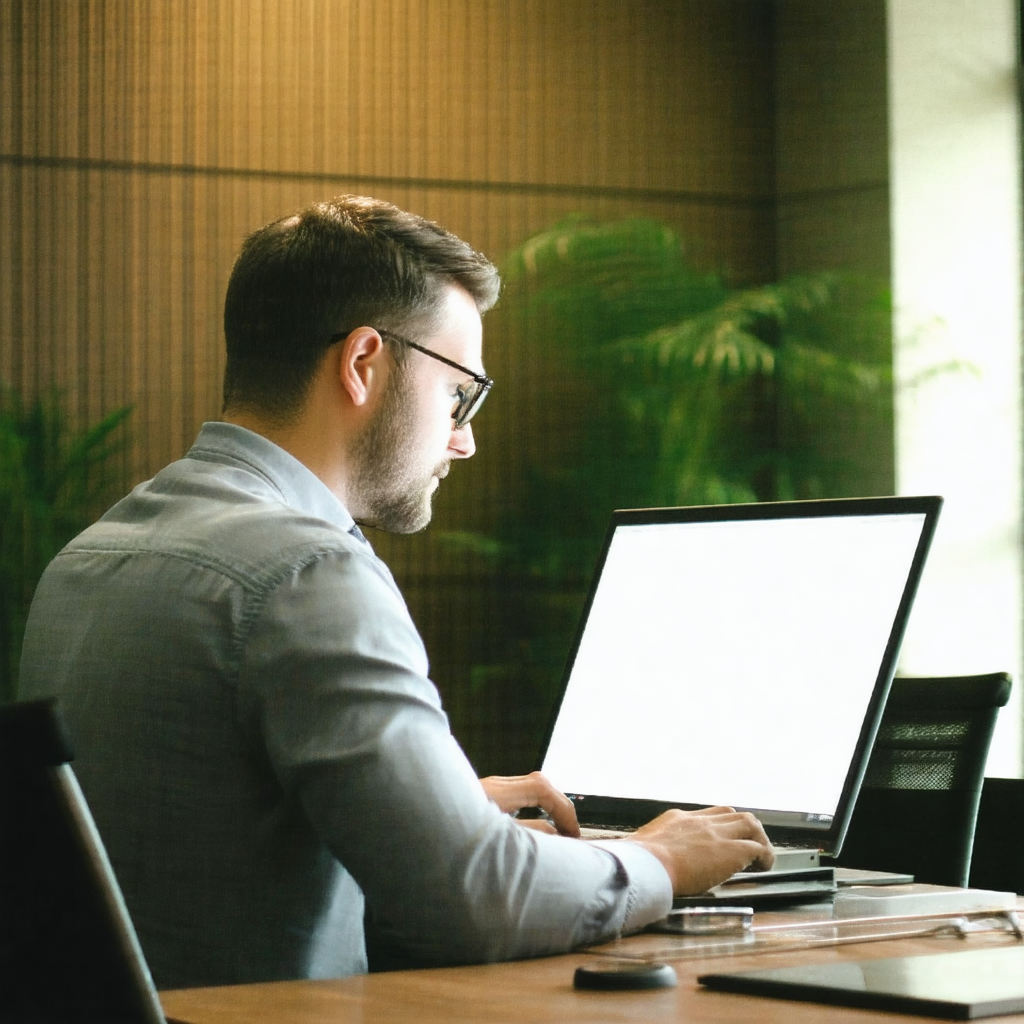 Man sitting at a desk, working on a laptop computer