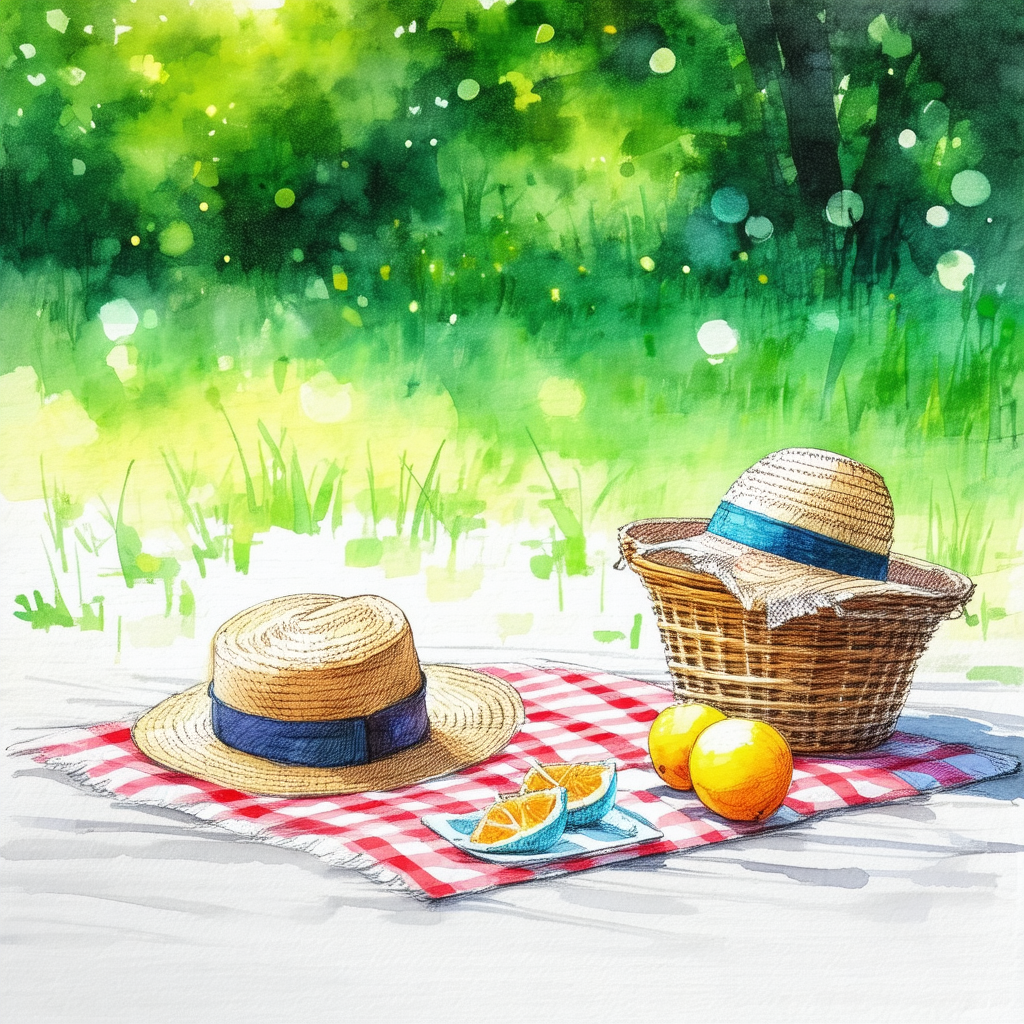 Picnic scene with a blanket spread out on the grass