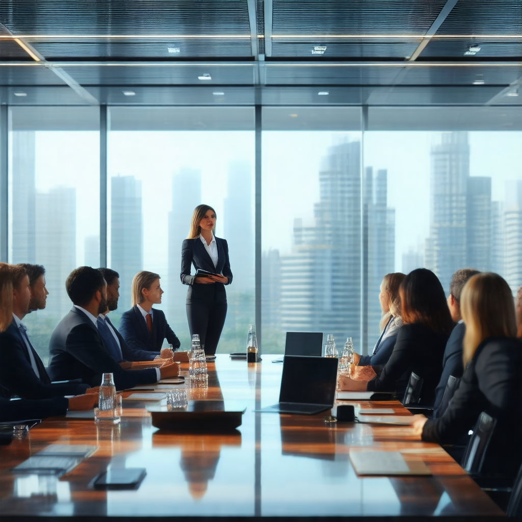 Group of people gathered around a large conference table,...