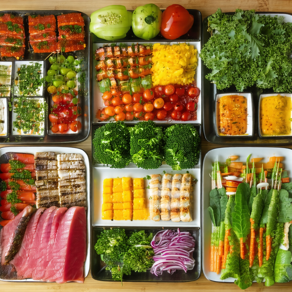 Showcases a variety of foods arranged in different trays ...