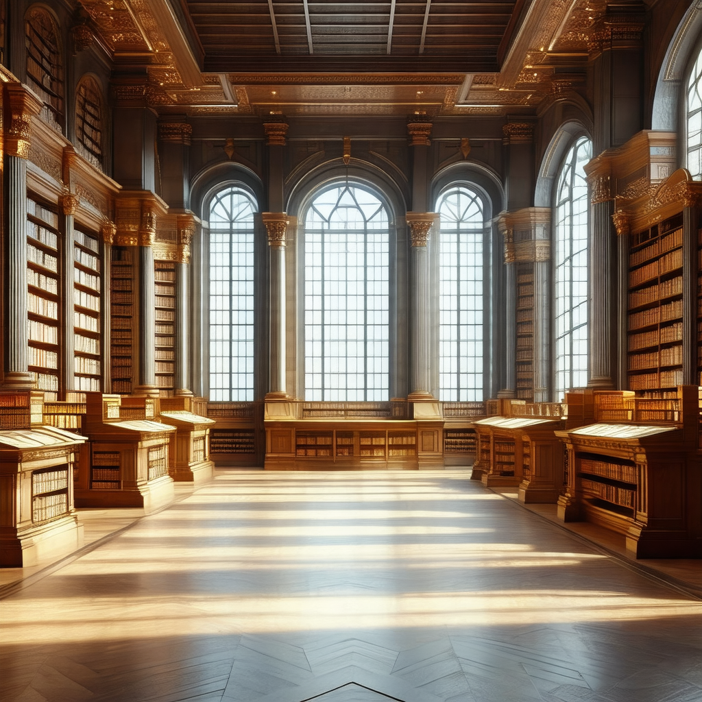 Large, ornate library filled with numerous bookshelves