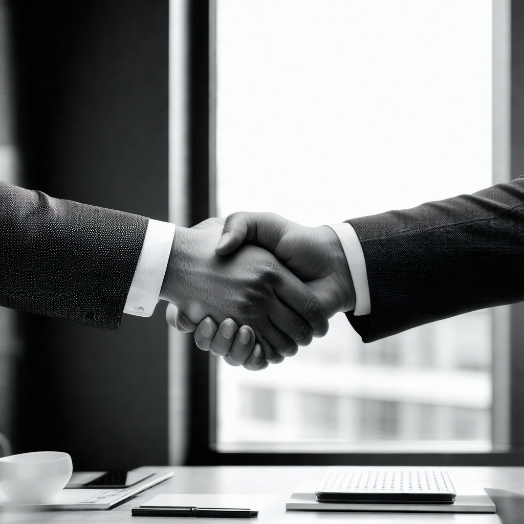 Two men shaking hands in a professional setting