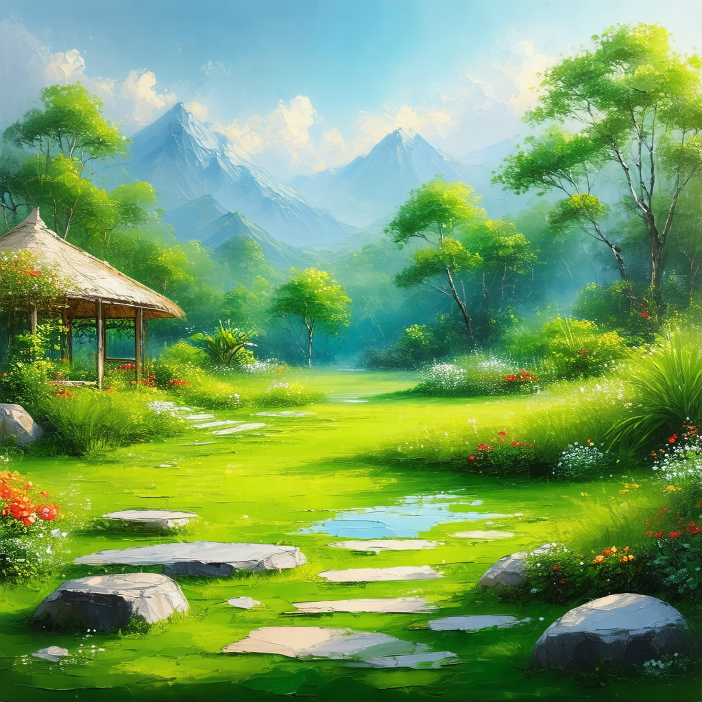 Serene scene of a forest with a small hut nestled in the ...