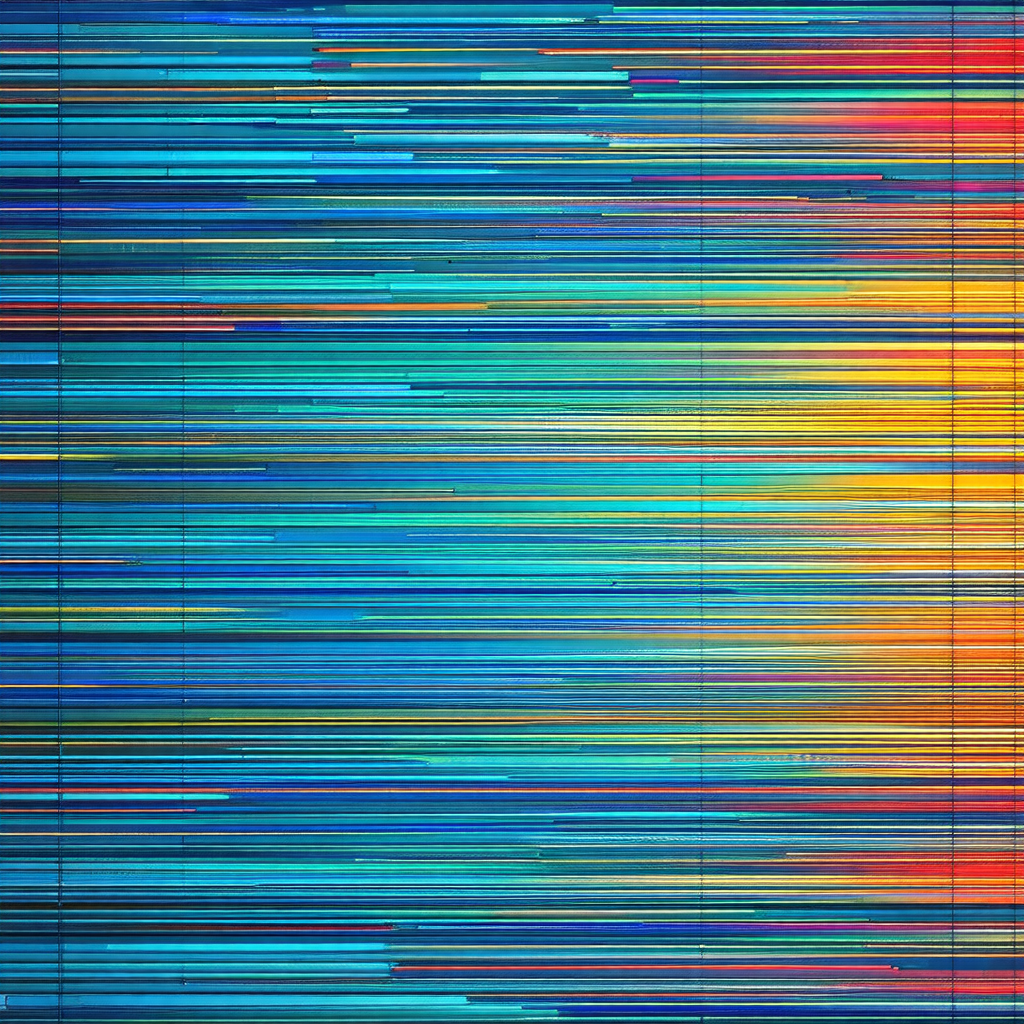 Colorful, abstract artwork featuring a series of horizont...