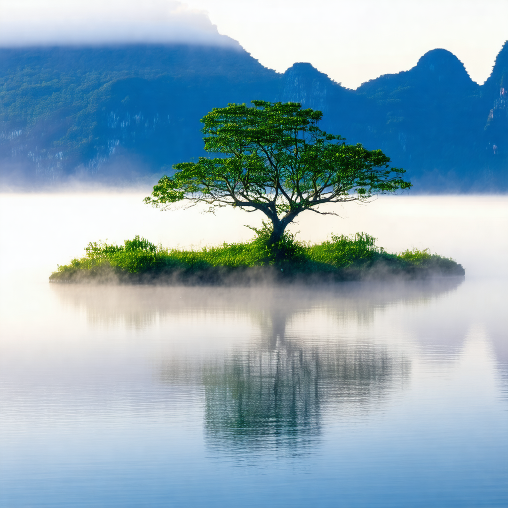 Lone tree standing on a small island in the middle of a lake
