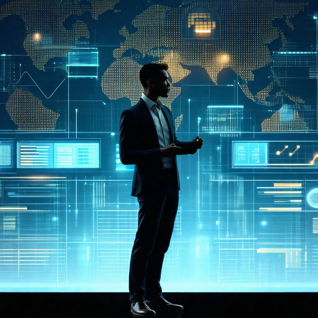 Man standing in front of a large screen, which displays a...