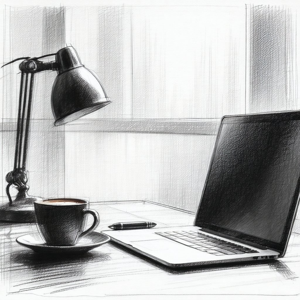 Desk with a laptop computer and a cup of coffee