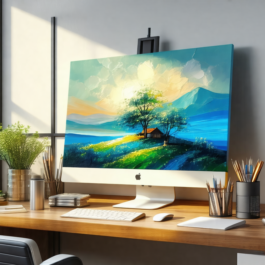 Large computer monitor sitting on a wooden desk