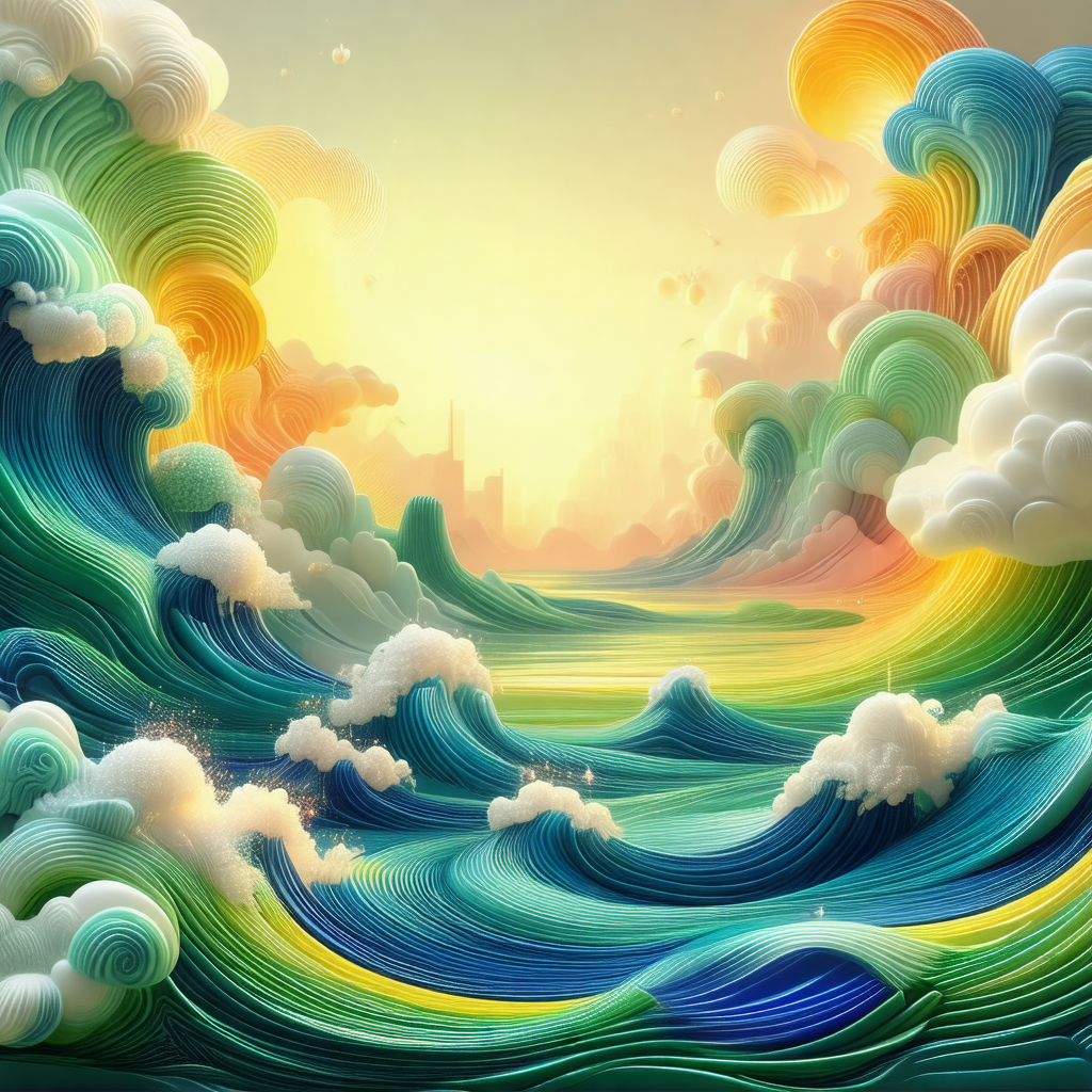 Large, colorful wave with a city skyline in the background
