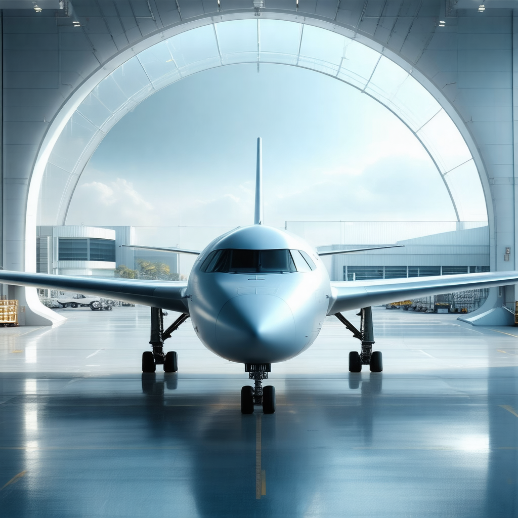 Large white airplane parked inside a hangar