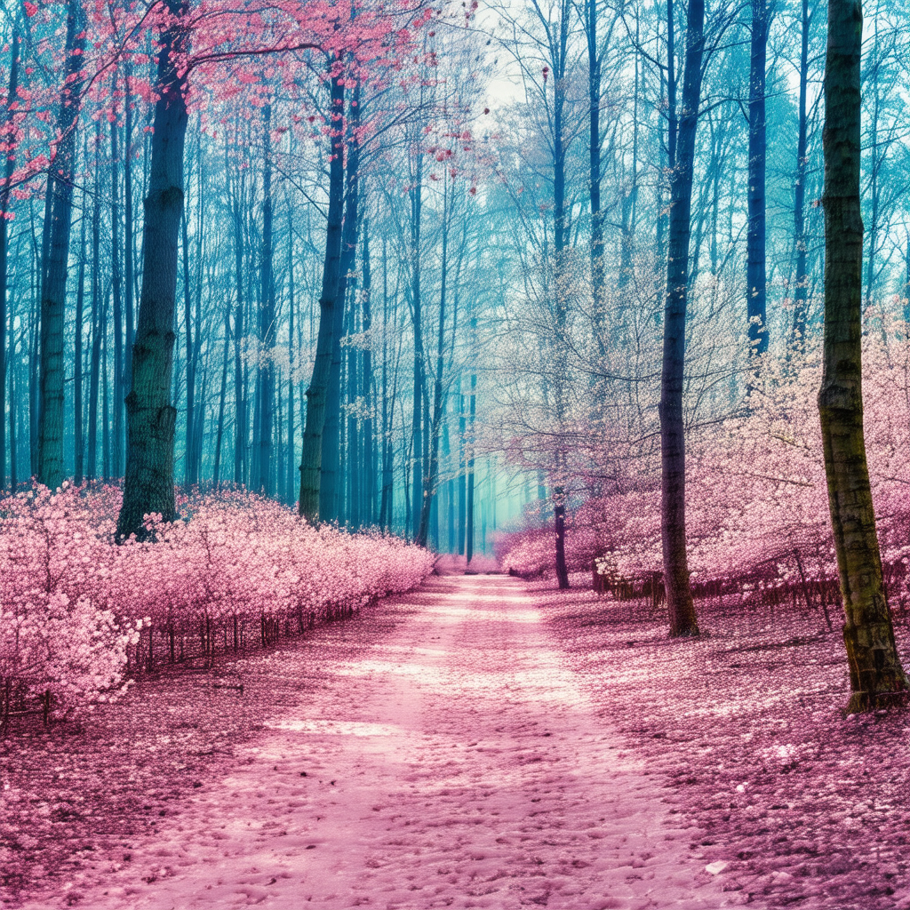 Beautiful, pink-colored forest with a pathway running thr...