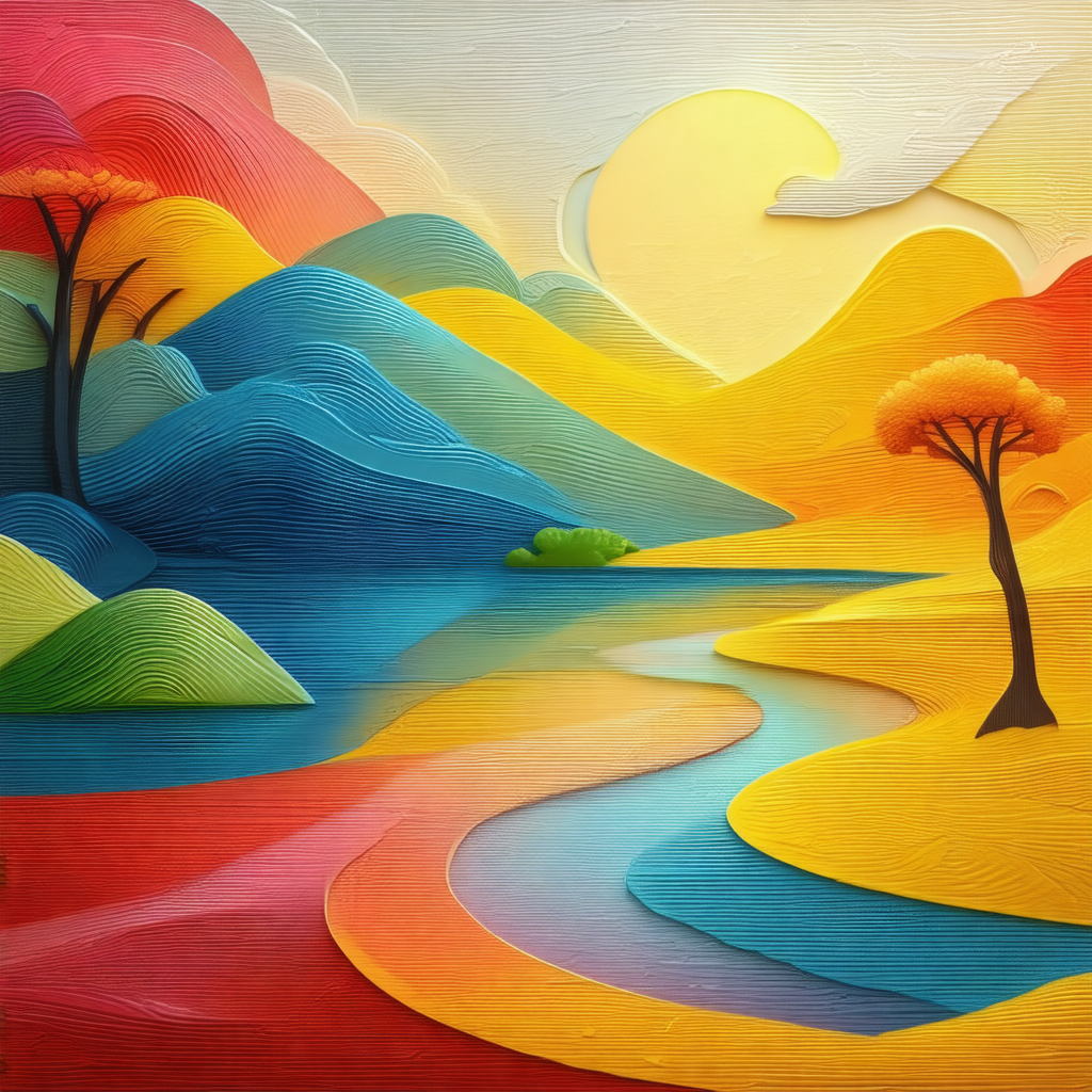 Painting of a beautiful landscape featuring a river flowi...