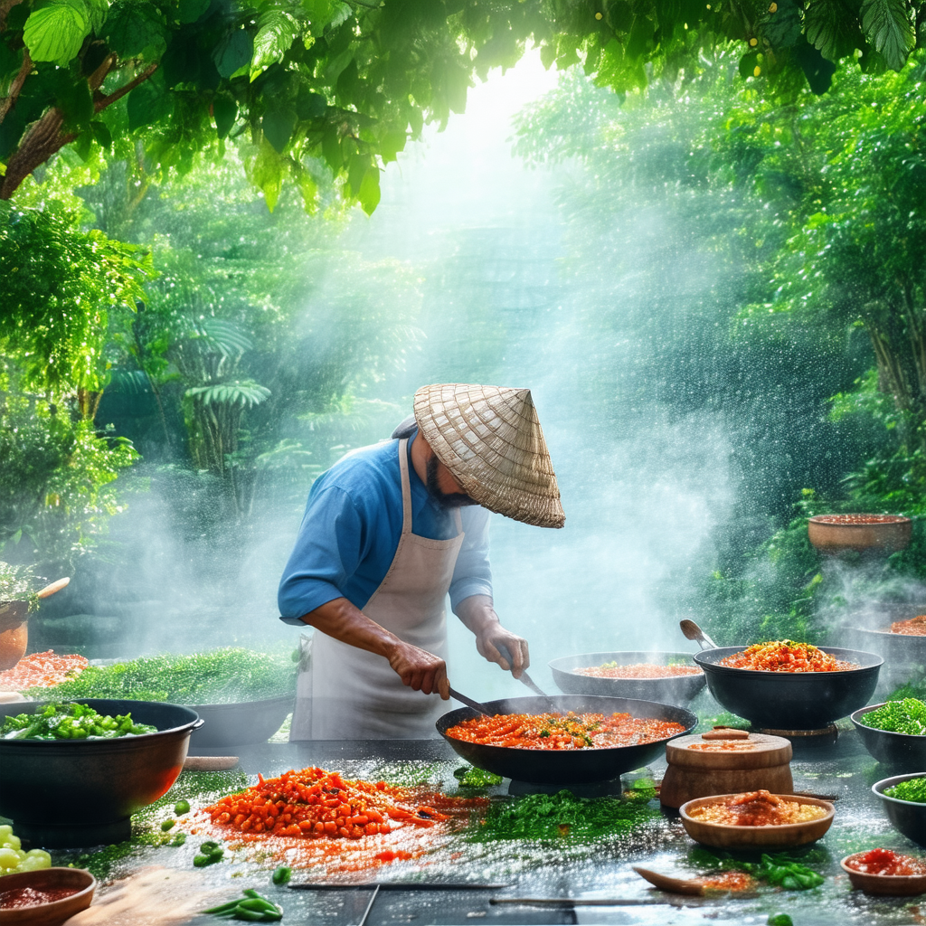 Man wearing a straw hat, standing in a kitchen and prepar...