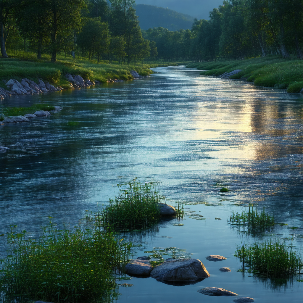 Serene scene of a river flowing through a forest