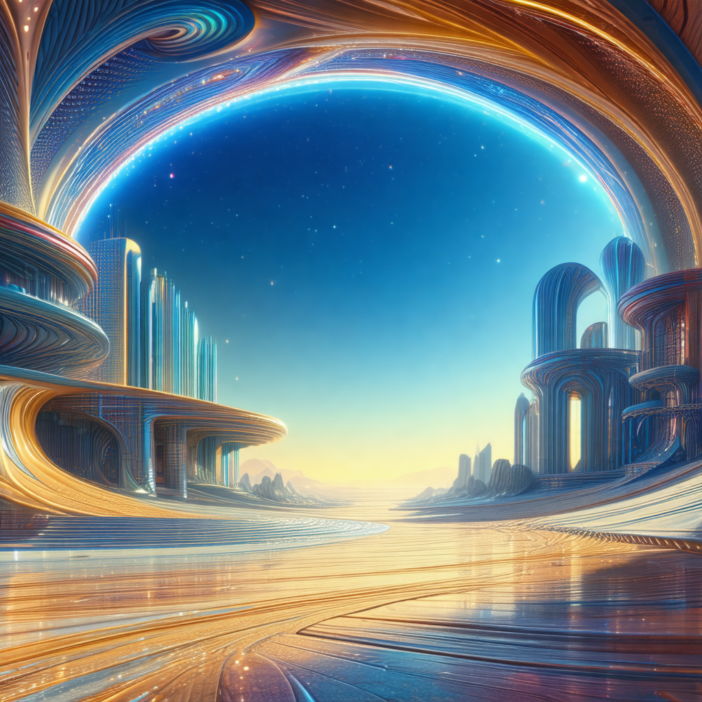Futuristic cityscape with a large, curved building in the...