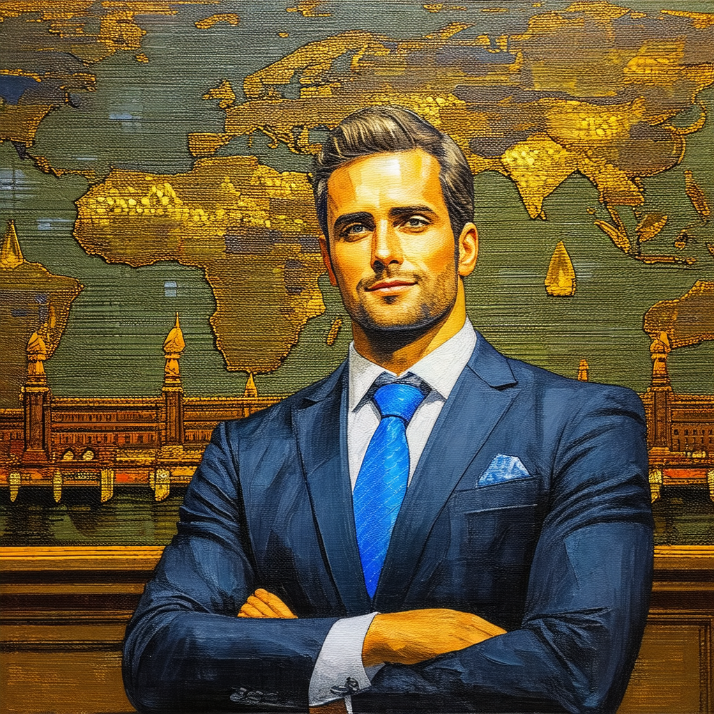 Man wearing a suit and tie, standing in front of a painti...