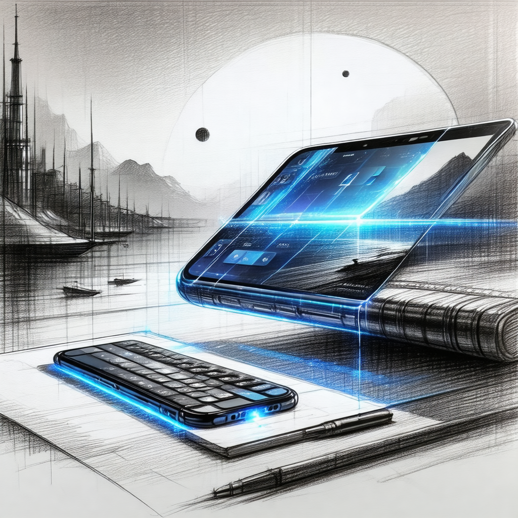 Futuristic scene with a large, curved cell phone placed o...