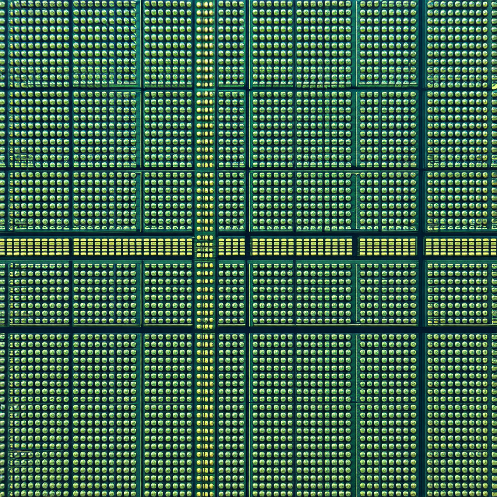 Large number of yellow and green squares arranged in a gr...