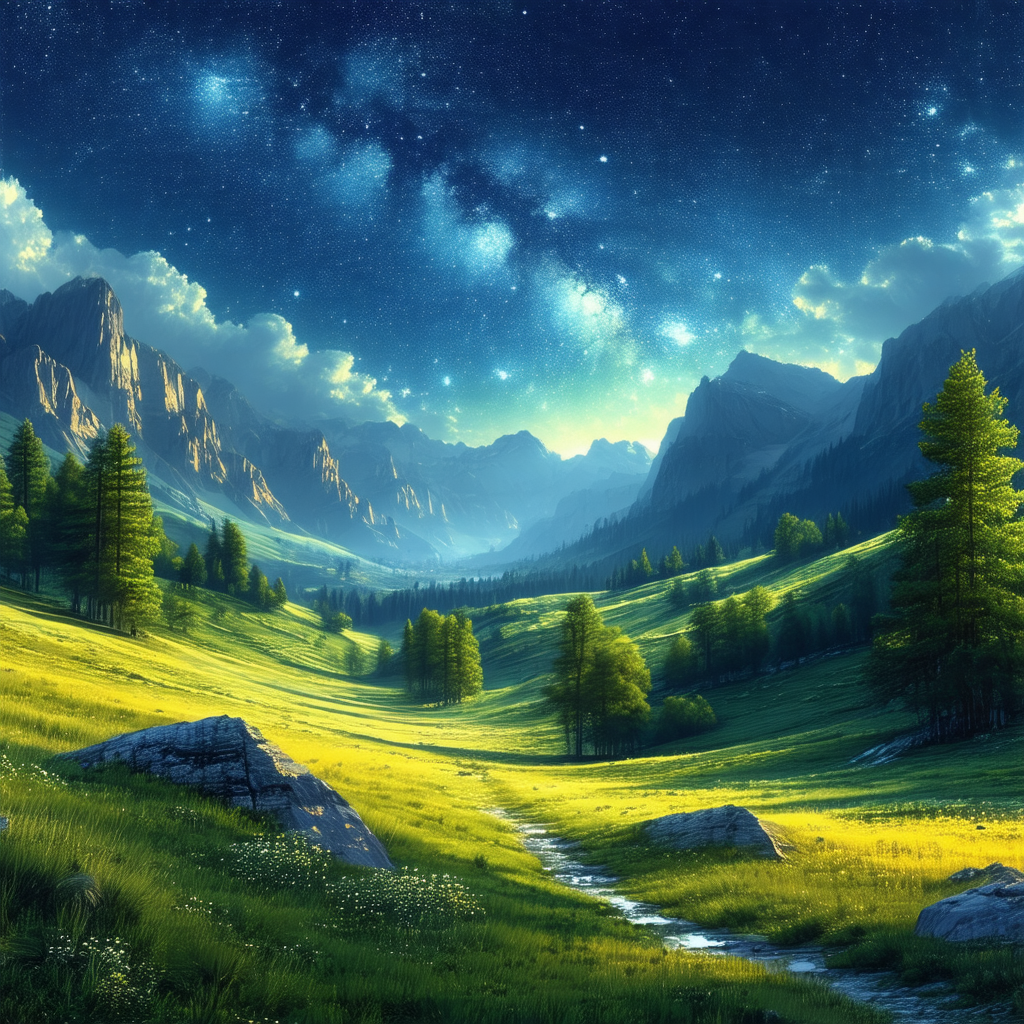 Painting of a beautiful mountain valley with a stream flo...