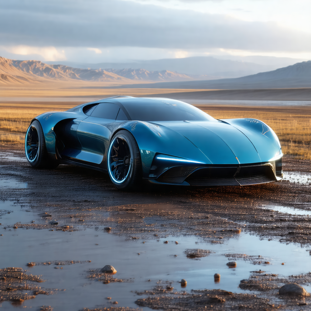Blue sports car driving on a dirt road