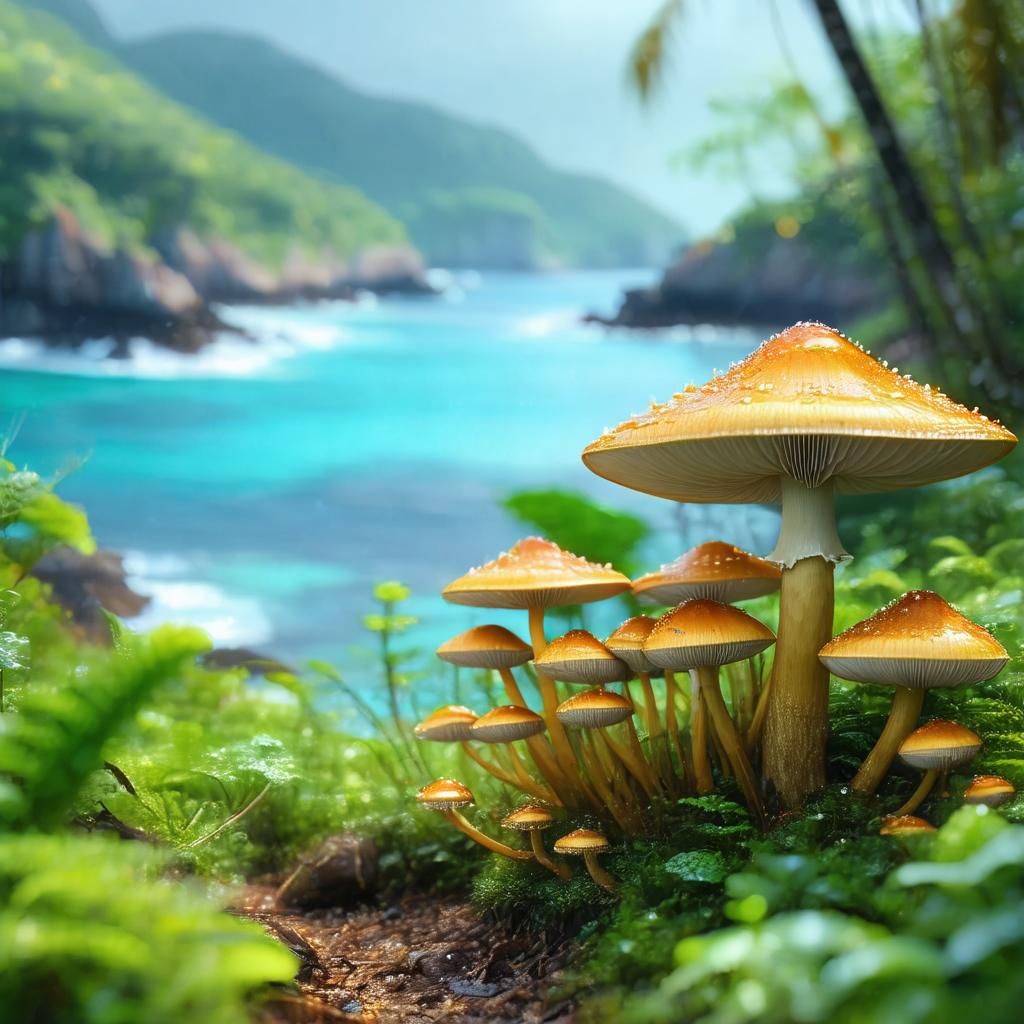 Lush green forest with a group of mushrooms growing on th...