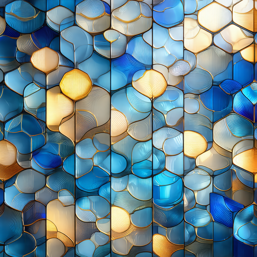 Stained glass window with a blue and yellow color scheme