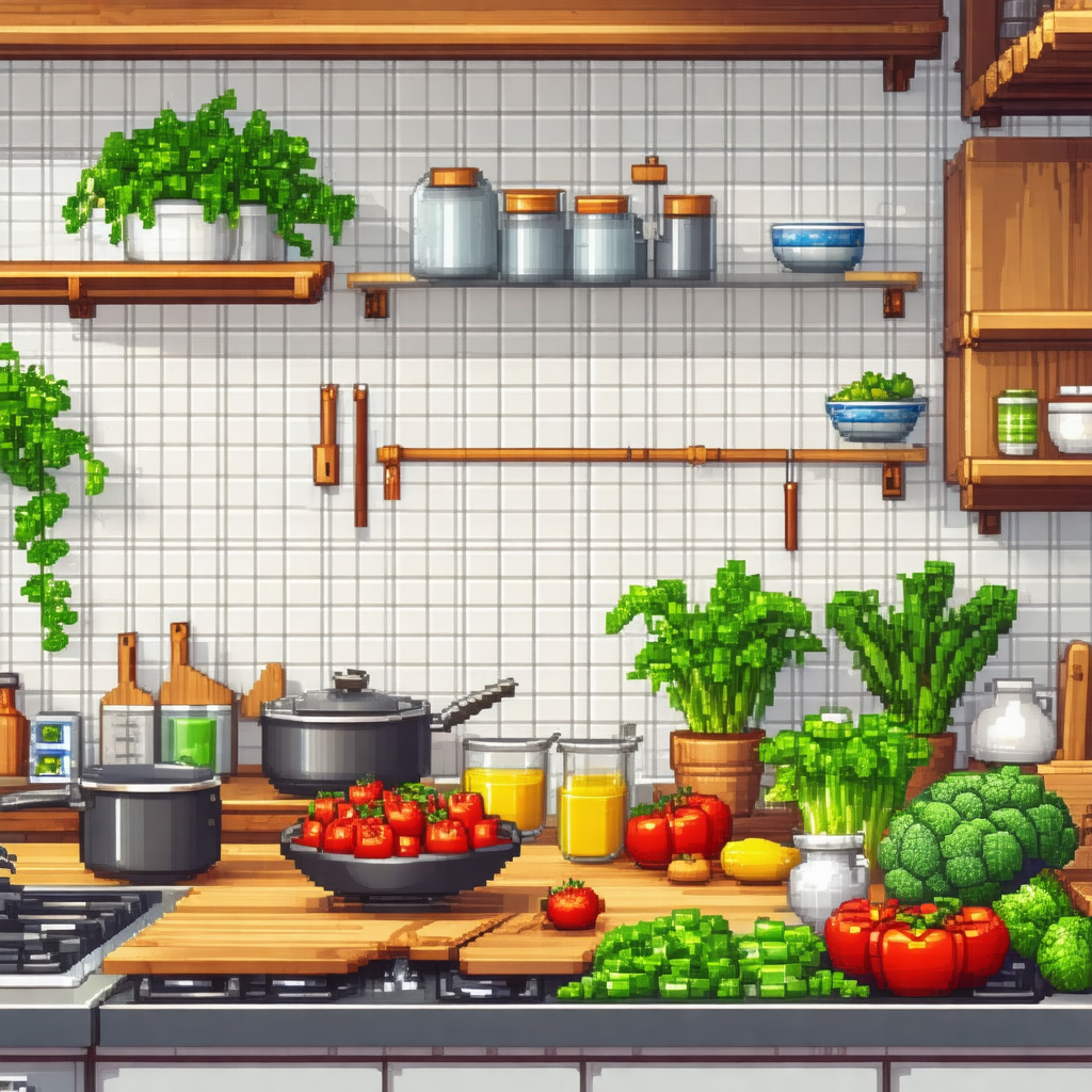 Cartoon-like drawing of a kitchen with a wooden countertop