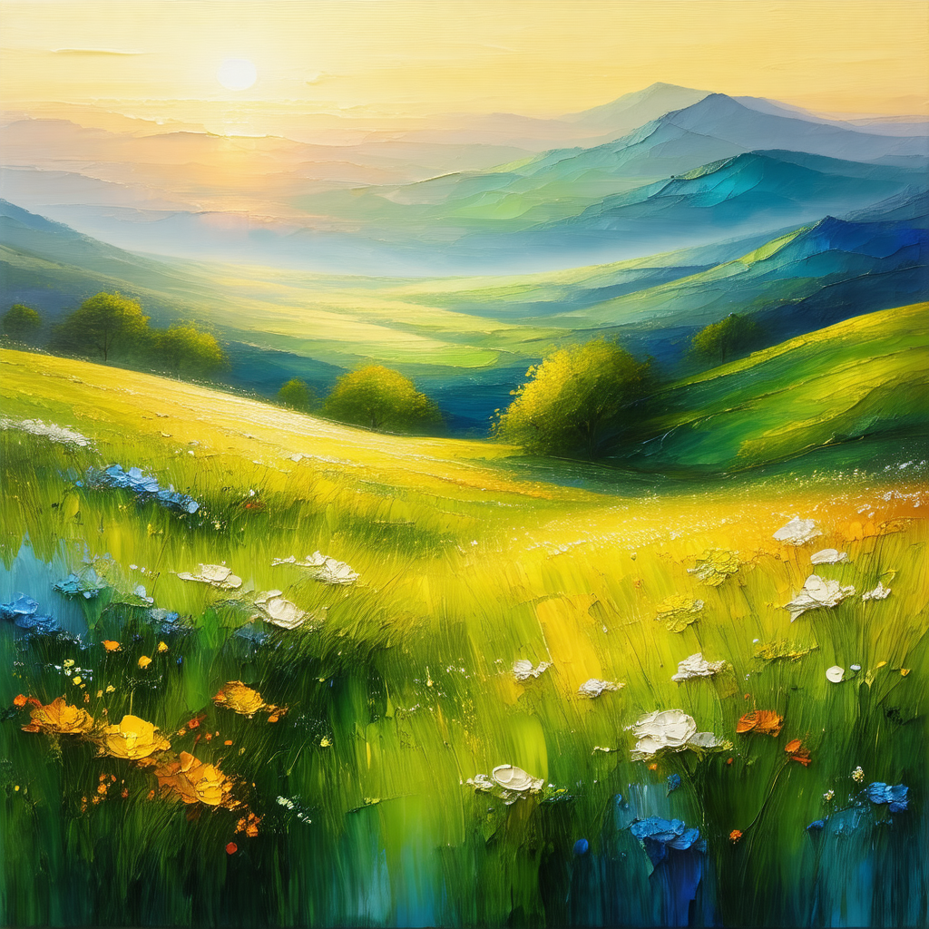 Beautiful, lush green field with a sunset in the background