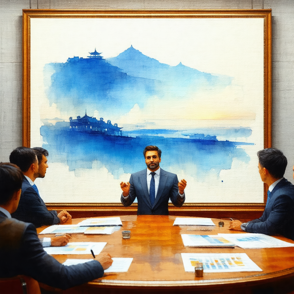 Group of men sitting around a large wooden table, engaged...