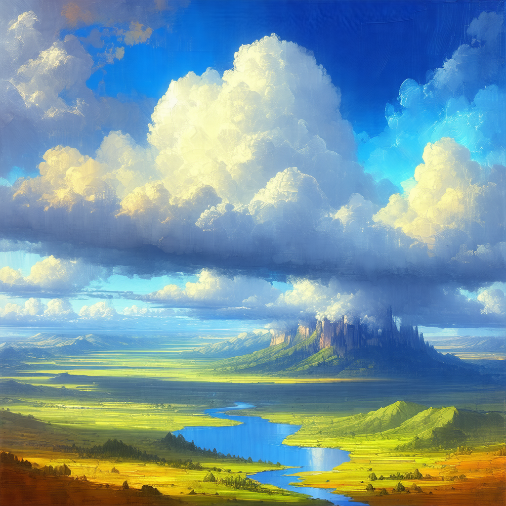 Painting of a beautiful landscape featuring a large body ...