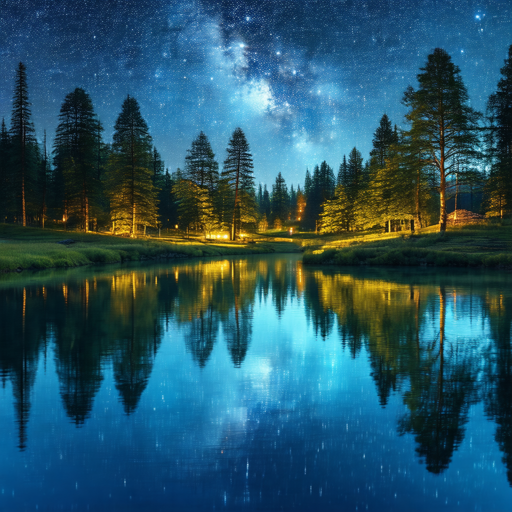 Captures a serene nighttime scene at a lake, surrounded b...