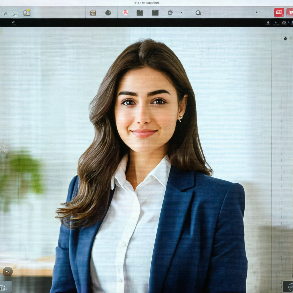 Woman wearing a blue suit and a white shirt, standing in ...