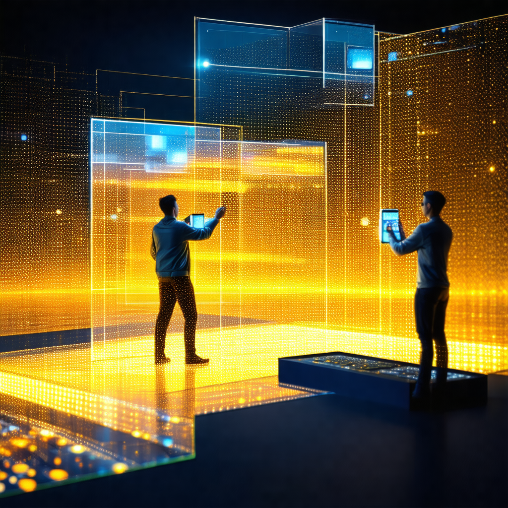 Two men are standing in a room, each holding a tablet com...