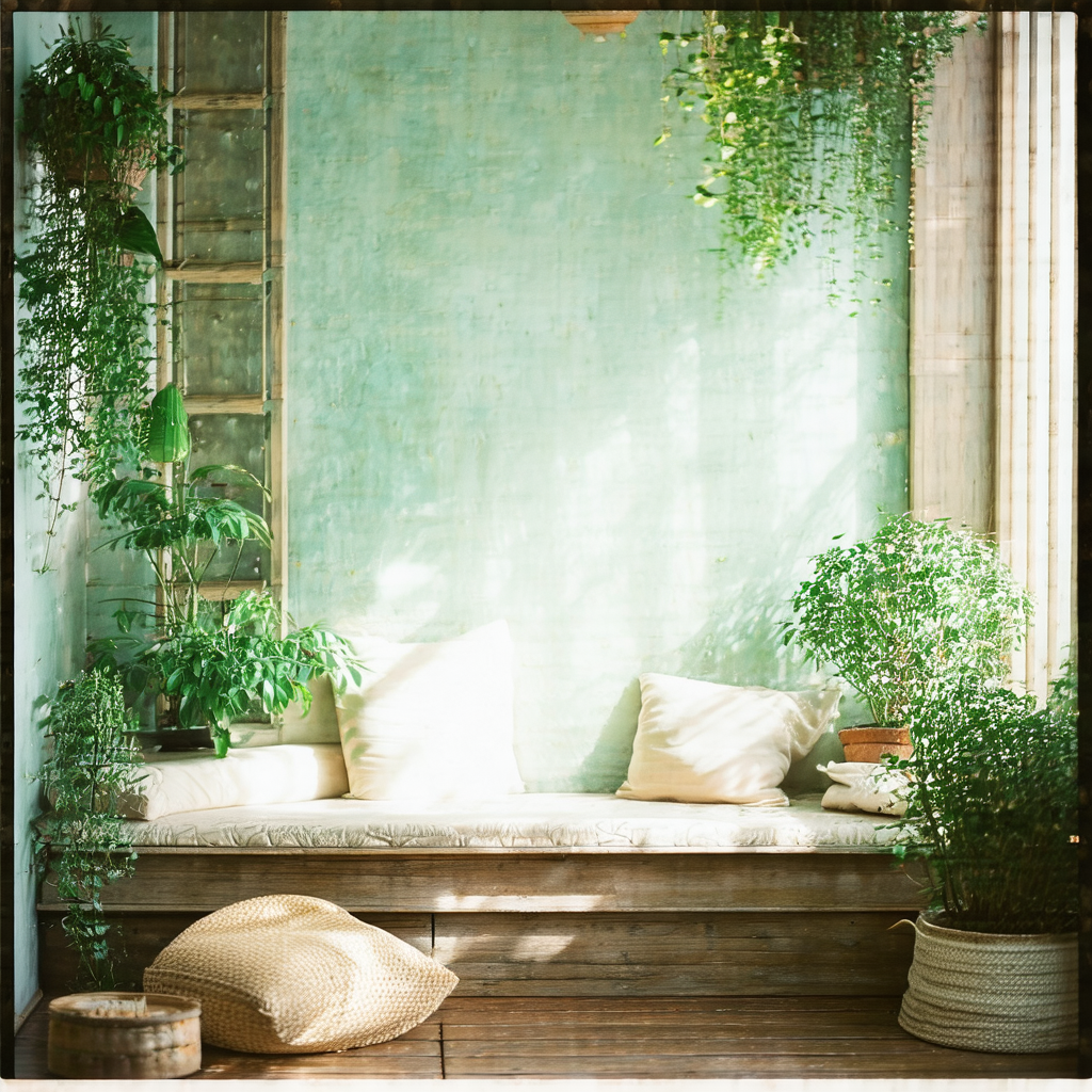 Cozy outdoor sitting area with a bench and a couch